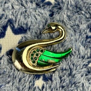 Elegant Gold and Green Swan Brooch